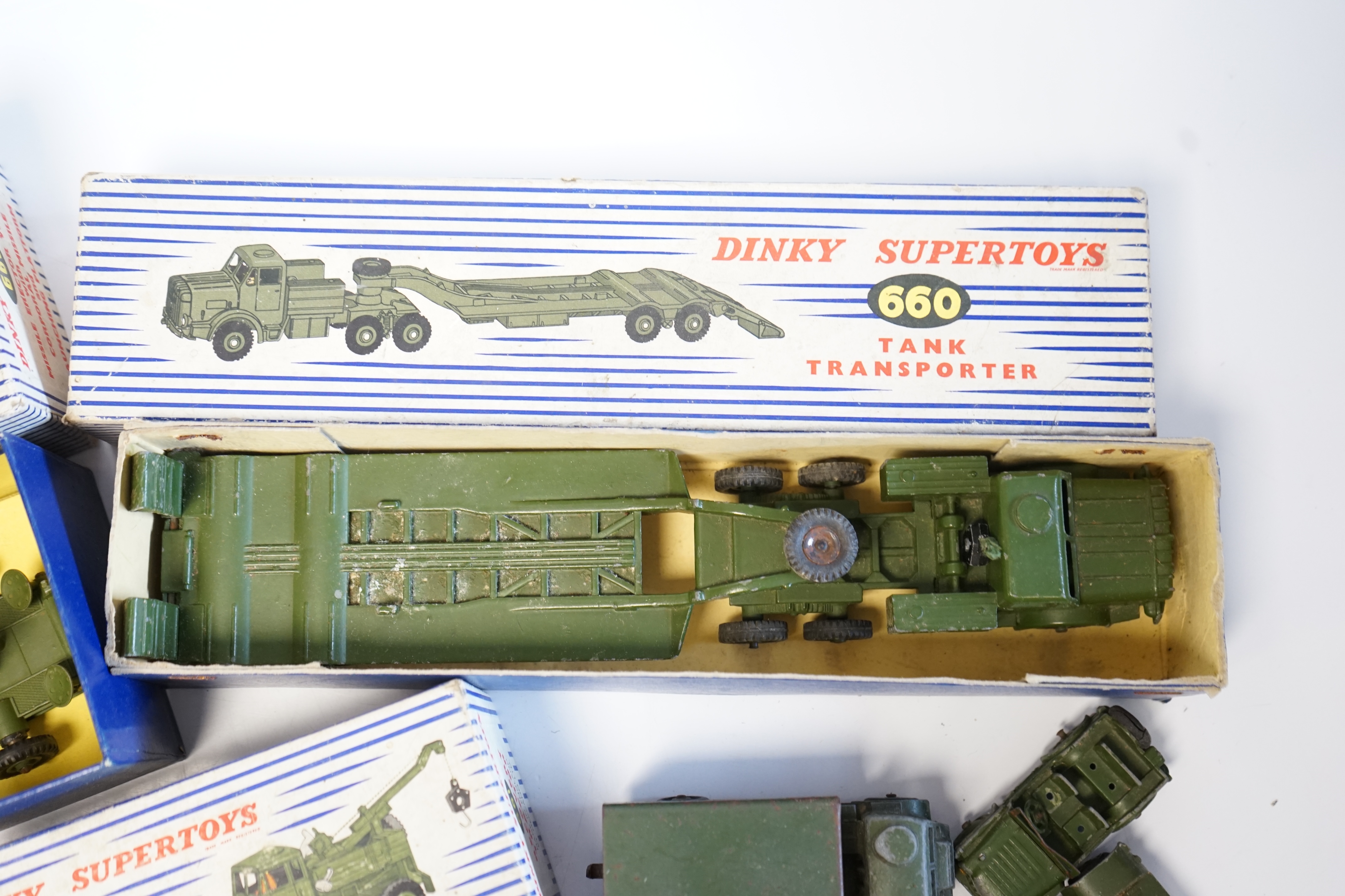 Ten Dinky Toys and Supertoys military vehicles, including four boxed examples; Missile Erector Vehicle with Corporal Missile and Launching Platform (666), Recovery Tractor (661). Tank Transporter (660), Centurion Tank (6